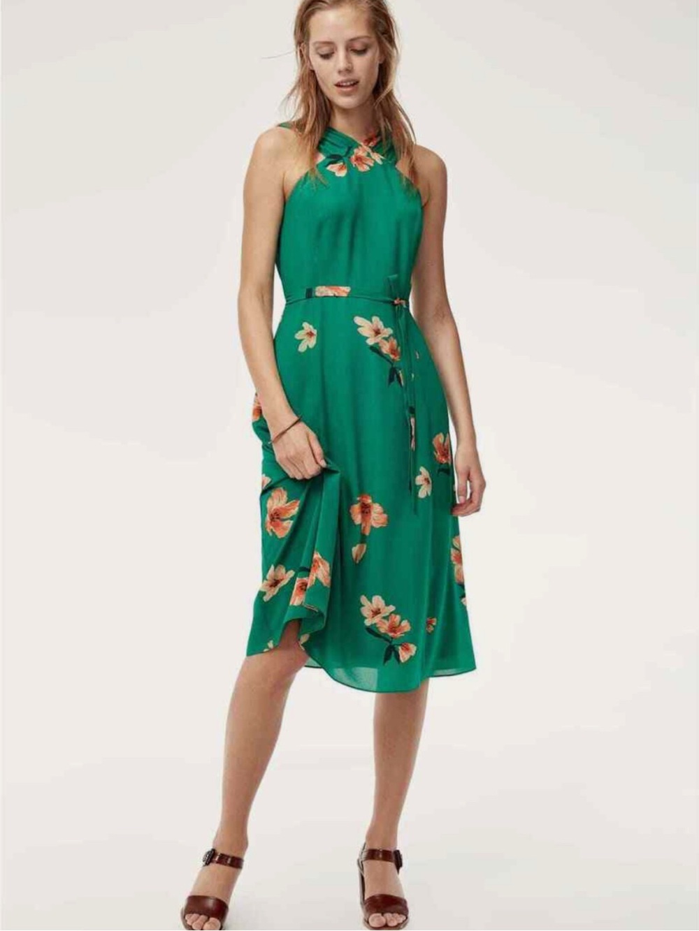 Aritzia Wilfred Aubert Halter, plunge back, Midi Dress, Green floral, Size 4